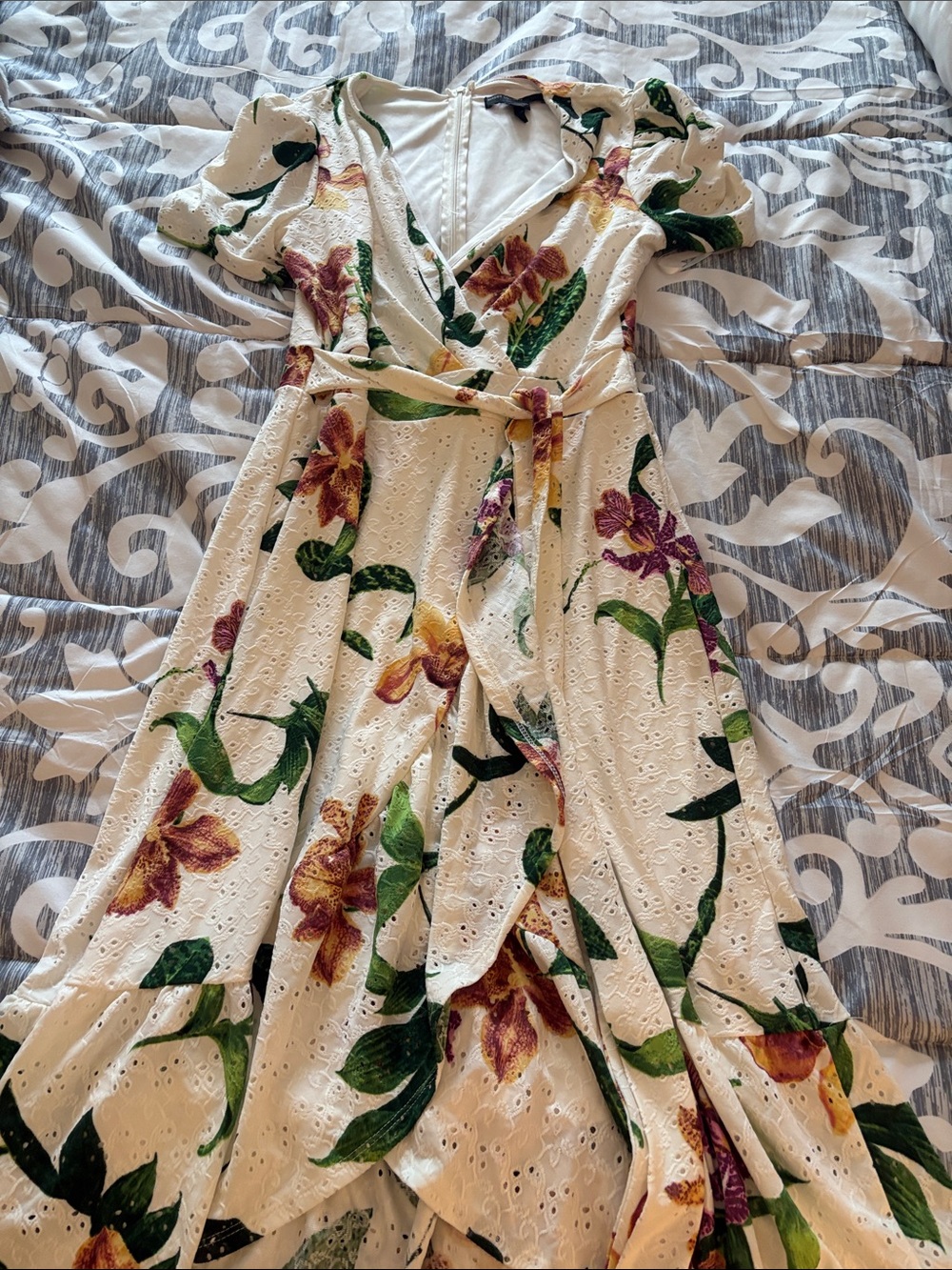 White Floral Eyelet Wrap Dress with Belt